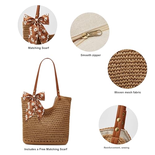 Crochet Beach Bags for Women Woven Purses Shoulder Bag Tote Handbag Summer Beach Purse - color: Wy10-brown