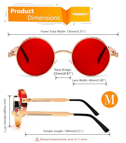 FEISEDY Retro Gothic Steampunk Sunglasses Round Metal Frame Punk Circle Inspired Shade Men B1857 - color: Gold/Red