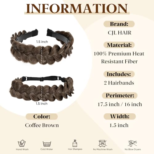 CJL HAIR 2PCs Braided Headbands Hair Piece for Women Synthetic Hair Hoops Head Bands Handmade Braid Hairband Accessories Elastic Stretch Headwrap Coffee Brown - color: 2PCS-Coffee Brown