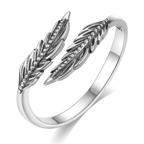 Vito 925 Sterling Silver Adjustable Open Spoon Ring for Women Men, Lotus Sunflower Snake Spoon Band Rings Feather Hug Witches Knot Inspirational Jewelry Gift for Wife - style: Feather-1