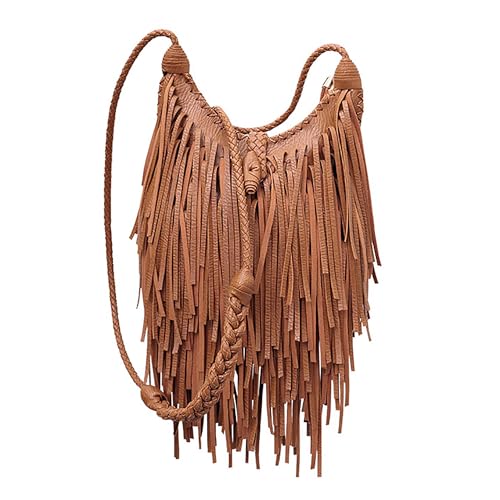 Tassel Shoulder Bag Vintage & Stylish Women PU Leather Bohemian Fringed Crossbody Shoulder Hobo Fringe bag - color: Brown-7.5x6.7in