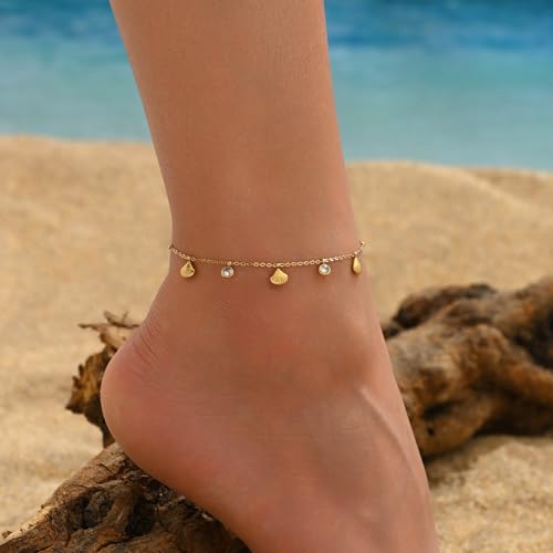 Gold Ankle Bracelets for Women 18K Gold Plated Waterproof Starfish Sea Shell Pearls CZ Diamond Dangle Anklets Trendy Summer Beach Foot Chain Jewelry Gift - style: Shell CZ Drop-Gold
