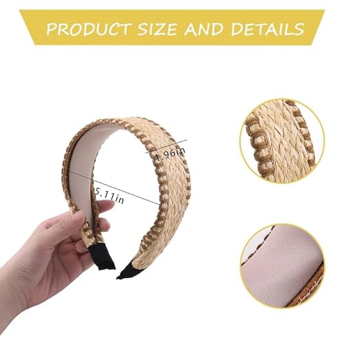 Handwoven Straw Boho Wide Headband for Women Bohemian Non Slip Rattan Crochet Headband Hair Accessory with Gold Trim Braided Hair Band for Summer Beach Festival Wedding Vacation