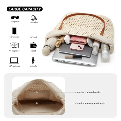 Crochet Beach Bags for Women Woven Purses Shoulder Bag Tote Handbag Summer Beach Purse - color: Wy10-white