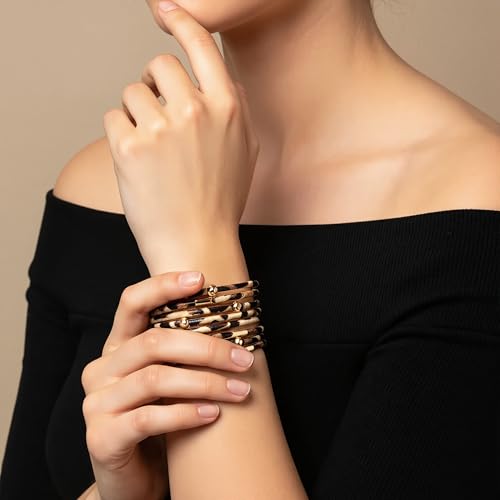 Fesciory Leather Wrap Bracelets for Women, Boho Leopard Multi-Layer Crystal Beads Cuff Bracelet Jewelry - color: Brown Leopard