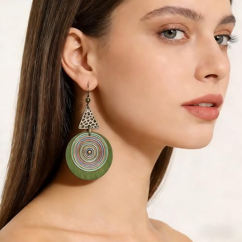 4 Pairs Vintage Boho Earrings for Women Green Bohemian Geometric Tassel Leaf Dangle Earrings Jewelry Accessories Gifts for Beach Festival & Everyday Wear - color: Green B