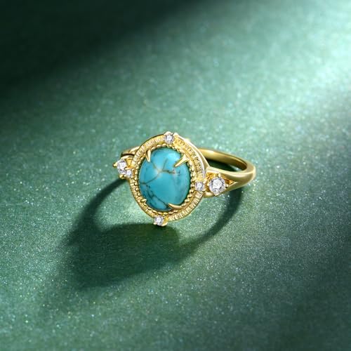 Genuine Turquoise Rings 14K Yellow Gold Rings Nature Gemstone Real Turquoise Jewelry for Women