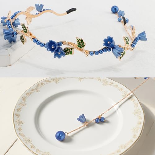 AHONEY Blue Flower Headband for Women Girls Hair Vine Leaf Boho Headband Wedding Fairy Accessories Headpiece - color: Blue