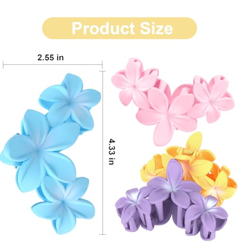 4PCS Hawaiian Plumeria Large Claw Clips for Women - Non-Slip Strong Hold Flower Hair Clips for Thick Hair (Colorful) - color: pink, yellow, blue, purple