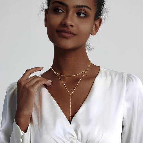 Luxval Lariat Silver Necklace for Women, Dainty Long Necklace Silver Y-Shaped Pendant Necklaces Trendy Beaded Chain Drop Necklaces Jewelry for Women Gifts - color: Gold-Bead Layered
