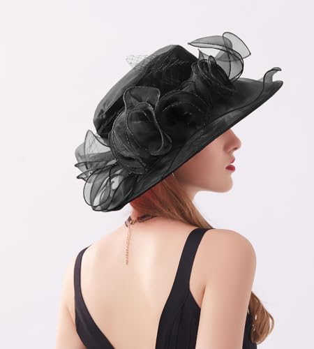 ORIDOOR Women’s Organza Church Tea Party Wedding Fascinator Derby Hat Wide Brim Sun Hats - color: D6-black