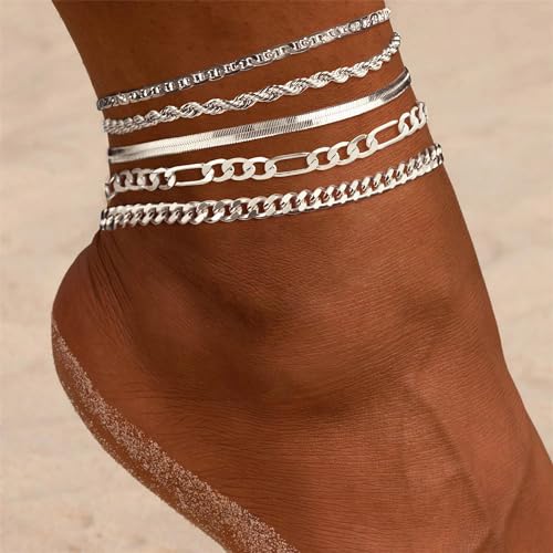 DEARMAY 14K Gold Plated Ankle Bracelets for Women Waterproof - Dainty 6Pcs Anklets Layered Cuban Link Chain Herringbone Cute Anklets Set Pack Summer Beach Jewelry Gift for Women Teen - color: Silver Anklet B