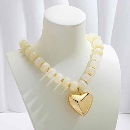 WOWORAMA Chunky Heart Necklaces for Women Colorful Resin Beaded Choker Necklace Gold Puffy Heart Statement Necklace Trendy Acrylic Choker Jewelry - color: Cream-White