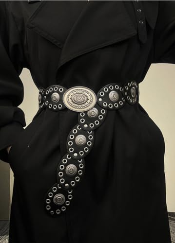 Wide Western Cowboy Disc Belt for Woman Concho PU Leather Belts for Ladies Boho Country Waist Belts for Dress Jeans - color: Black-silver Buckle