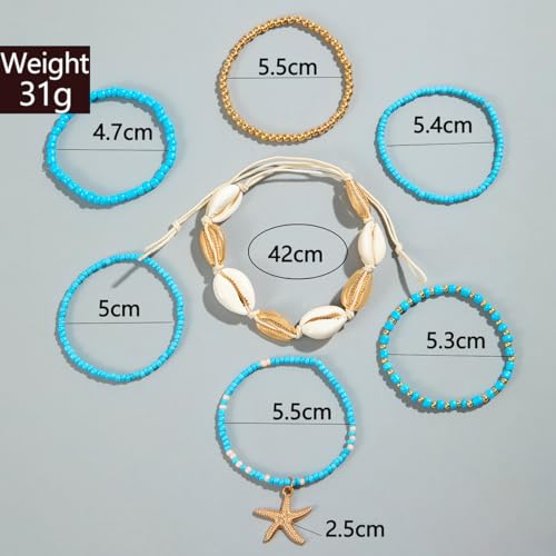 Pingyongchang Bohemian Stackable Shell Beaded Ankle Bracelets for Women Colorful Boho Multi-Layer Seashell Gold Starfish Adjustable Handmade Braid Bracelet Summer Beach Holiday Accessories Gifts - color: Blue