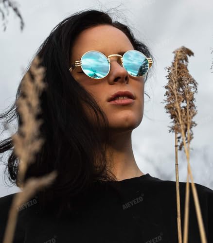 AIEYEZO Round Steampunk Sunglasses for Men Women Retro Circle Hippie Glasses Metal Frame 100% UV Blocking Lens - color: 2 Pack (Gold/Grey, Gold/Ice Blue Mirror)