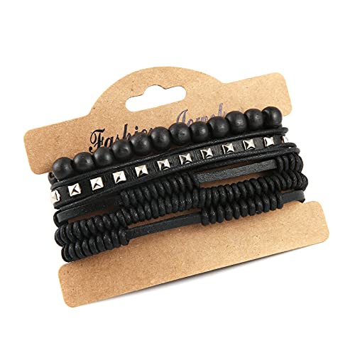 HZMAN Wrap Bracelets Men Women, Hemp Cords Wood Beads Ethnic Tribal Bracelets, Leather Wristbands - style: Wooden bead style 7