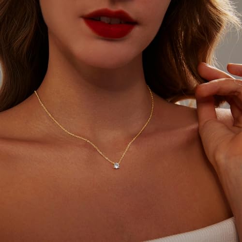 Luxval Diamond Pendant Gold Necklace for Women，Dainty 18k Gold Plated Choker Necklaces Simple Gold Jewelry Gifts for Women Girls - color: Gold-Round CZ