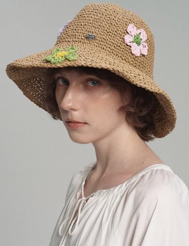 Women Straw Sun Hat Summer Beach Hats Foldable Floppy Cap Wide Brim Bucket Hat Solid Handmade Sun Protection Caps - color: Flora-khaki