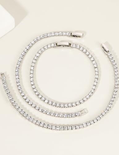 Mameloly 3mm Cubic Zirconia Classic Tennis Bracelet Silver Round Charm CZ Bracelets for Women Size 6.5-7.5 Inch