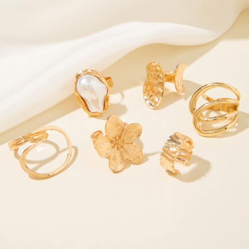 Gold Rings for Women Non Tarnish Stackable Rhinestone Moon Star Rings Dainty Stacking Pearl Butterfly Midi Pinky Thumb Joint Finger Knuckle Ring Set Gold Non Tarnish Jewelry Gifts Trendy Stuff - color: R Chunky Gold Rings 6Pcs