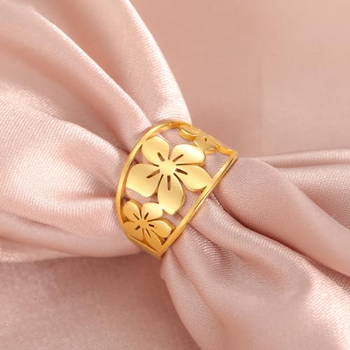 TEAMER Bohemian Hollow Flower Ring Stainless Steel Rhinestone Flower Ring Wedding Band Ring Exquisite Jewelry for Women - color: Gold