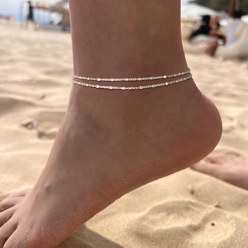 Freekiss Sterling Silver Ankle Bracelets for Women: Dainty Layered Waterproof Anklet for Women Adjustable Womens Anklet Set Stackable Figaro Beaded Cuban Link Anklets Beach Jewelry for Women - color: ANKLET-Single clasp beaded chain-SL