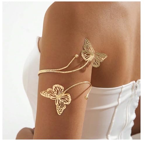 Gold Arm Cuff Bracelet Adjustable Upper Arm Cuff Bangle Butterfly Flower Bracelet Summer Beach Essentials Jewelry for Wome - style: gold butterfly