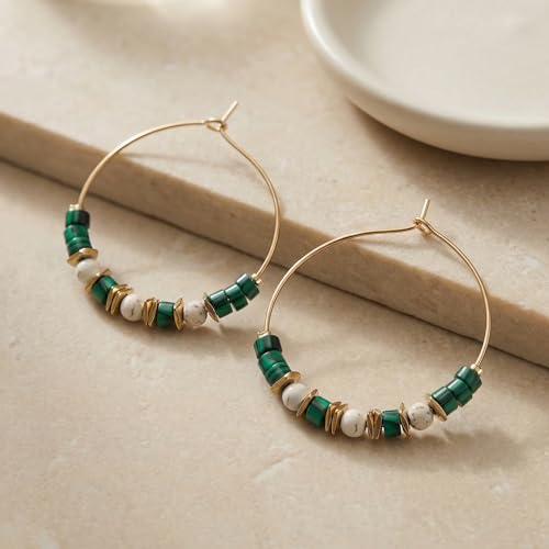 Natural Stone Beaded Hoop Earrings for Women, Boho Handmade Lightweight Hypoallergenic Trendy Summer Beach Accessories Fashion Jewelry Gift - color: Green