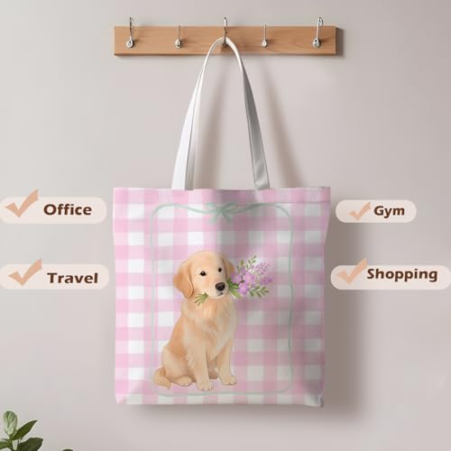 Preppy Animal Tote Bag, Pet Canvas Tote Bag, Reusable Grocery Shopping Shoulder Bags - color: Golden Retriever Stripes
