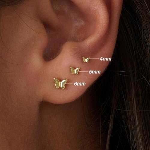 3 Pair Tiny Flat Back Earrings for Women - 14K Gold/White Gold Plated Dainty Cute Small Screw Flatback Stud Earring, Everyday Wear Gift - color: Butterfly Flat-4/5/6mm Gold