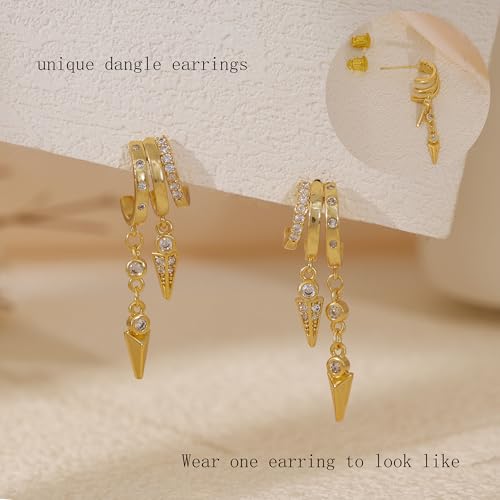 Dangle Earrings For Women, Dainty Gold Drop Statement Earrings 14K Gold Plated Long Huggie Earrings for Women Trendy Hypoallergenic Dangly Earrings Small Triple Hoops Earrings Fashion Jewelry - color: gold-two