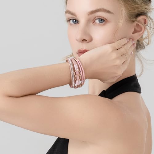 FANCY SHINY Boho Leather Wrap Bracelet Stackable Infinity Chunky Cuff Bracelets Western Hippie Outfits Jewelry Valentine Gifts for Women - color: Pink