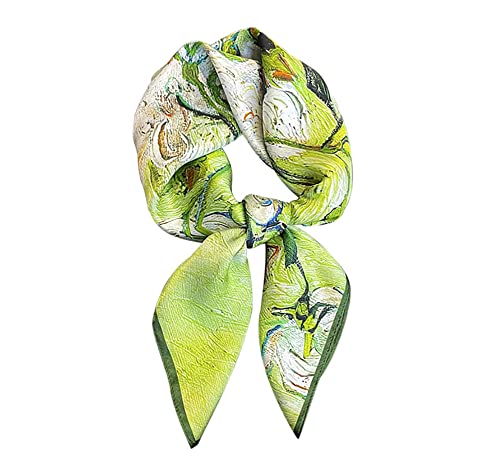 JERLA 100% Pure Mulberry Silk Square Scarf for Hair-27''x27'' Women Men Natural Silk Neckerchief Headscarf - color: Green Oil Painting Flowers