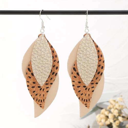 ANXIN boho unique Leather Earrings 2 Layered Lightweight Faux Leather Leaf Earrings Layered Design Drop Earrings Gift for Women - color: Style A