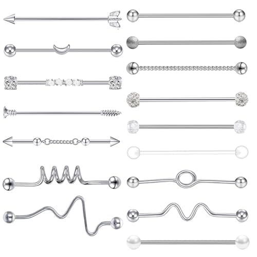 Suotarn 14G Industrial Piercing Jewelry For Women Men Stainless Steel 38 Industrial Barbell Long Cartilage Helix Conch Earrings Stud 14G Gauges Industrial Jewelry Butterfly Heart Cool 7-18pcs - color: mix style 17pcs