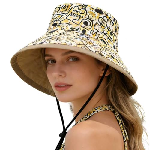 Women's Summer Sun Hat - Reversible Design with Striped Lining Adjustable Brim for Travel and Outings Cap - color: Printed-khaki