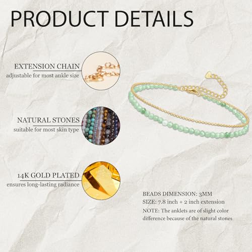 Ankle Bracelet for Women, Dainty 18k Gold Natural Stone Beaded Anklet Adjustable Double Ankle Chain Waterproof Summer Boho Foot Jewelry Birthday Anniversary Graduation Gifts - color: Aventurine