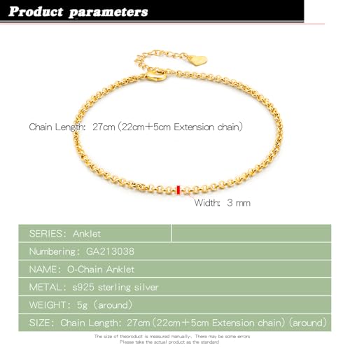 Dankadi Women 925 Sterling Silver Anklets Bracelet Men Simple Chopin/Box Chain/Twist Rope Chain Summer Beach Foot 24k Gold Plated Jewelry Gift - color: Rolo Chain Gold, size: 30cm