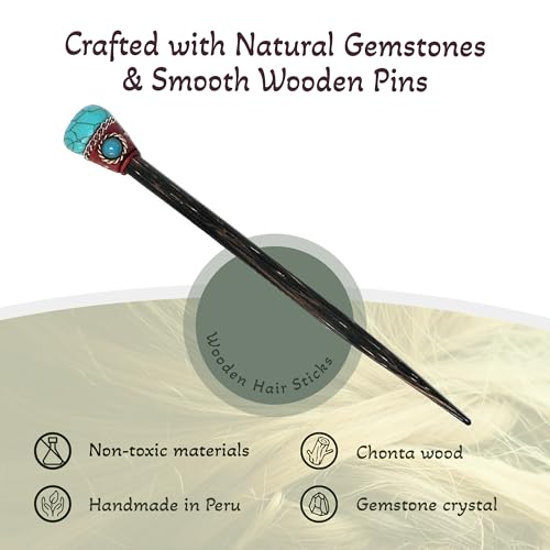 Mia Jewel Shop - Natural Tumbled Healing Gemstone Crystal Chonta Wooden Hair Sticks – Handmade Hair Sticks for Women | Hair Pins Boho Reiki Accessories, Fashion Gifts (Turquoise) - color: Turquoise