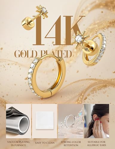 Florideco Flat Back Earrings Hypoallergenic Surgical Steel Earrings for Women Trendy Cartilage Chain Earring 14K Gold Plated Star Heart CZ Flatback Stud Earring Sets for Multiple Piercing - color: Gold