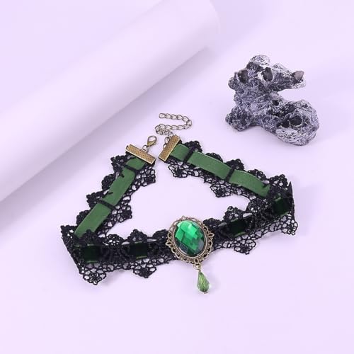 Gothic Vampire Choker Necklace for Women Adjustable Vintage Victorian Mystery Pirate Witchy Jewelry Emo Punk Black Lace Choker Costume - color: green