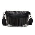 GLT.ETL Fanny pack Chest Bag For women Faux leather Fringe Quilted Waist Bum Cross body Bags Rivet studded Tassel Purses (Black) - color: Black
