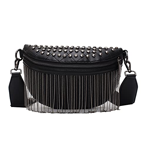 GLT.ETL Fanny pack Chest Bag For women Faux leather Fringe Quilted Waist Bum Cross body Bags Rivet studded Tassel Purses (Black) - color: Black