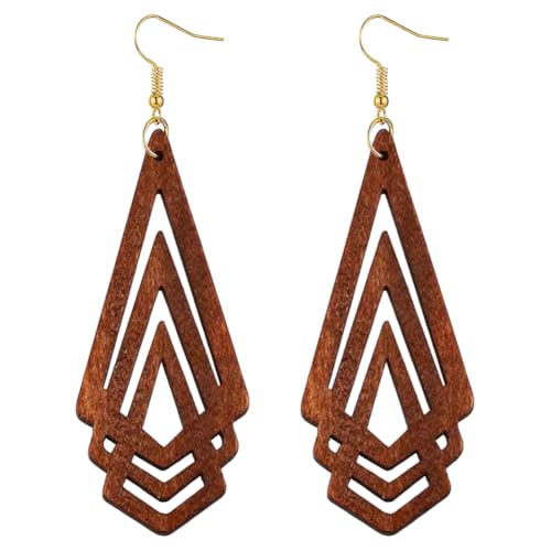 Handmade Wood Triangle Rhombus Hollow Geometric Dangle Drop Earrings Unique Presonalized Retro Gold Hook Earrings For Women - style: Brown