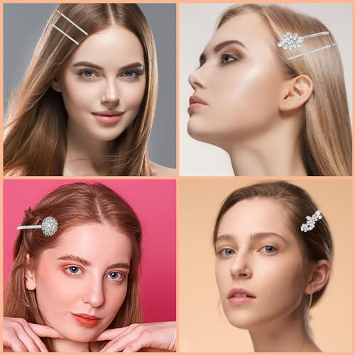 10 Pieces Rhinestone Hair Clips, Crystal Bobby Hair Pins Decorative Rhinestone Hair Barrettes for Wedding, Leaf Feather Sunflower Hair Clips Metal Hair Accessories for Women,4 Styles (silver) - color: silver