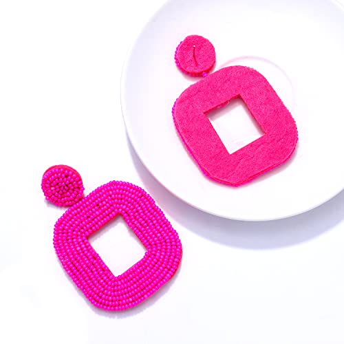 Beaded Drop Earrings Multicolored Seed Bead Earrings for Women Bohemia Statement Square Bead Hoop Dangle Earrings for Wedding Party Vacation - color: B Rose Red