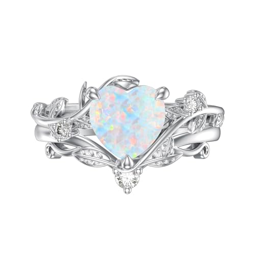 Natural Moss Agate Ring for Women 925 Sterling Silver Pear/Oval/Kite/Heart/Hexagon/Emerald/Coffin Cut Green Leaf Moss Agate Engagement Ring Promise Bridal Set Anniversary Birthday Jewelry Gifts - color: Heart Cut Opal