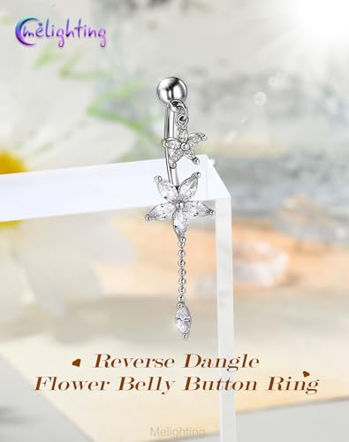 Melighting 14G Lotus Belly Button Ring, Dangle Belly Ring Surgical Steel 316L, Reverse Navel Piercing Jewelry, 10 mm Silver Flower Body Jewellery for Women - style: Lotus