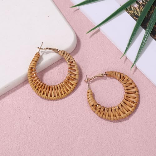 Boho Handwoven Rattan Hoop Earrings, Summer Beach Rattan Earrings Cute Hoop Dangle Drop Lightweight Bohemian Weaving Jewelry for Women Fashion Travel Essentials